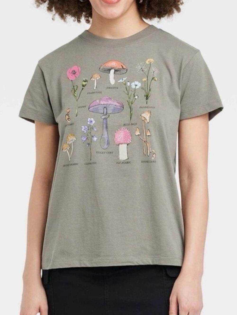 Doe Mushroom and Flower Shirt Army Green Size L Dandelion Amanita